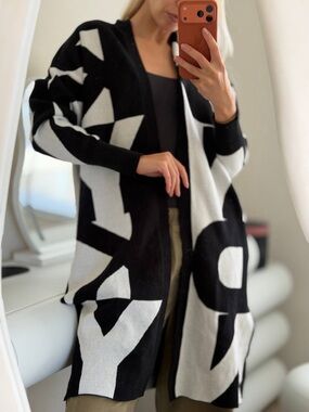 DKNY Oversized Logo Cardigan Black White Open Front Knit Sweater XS/S NWT